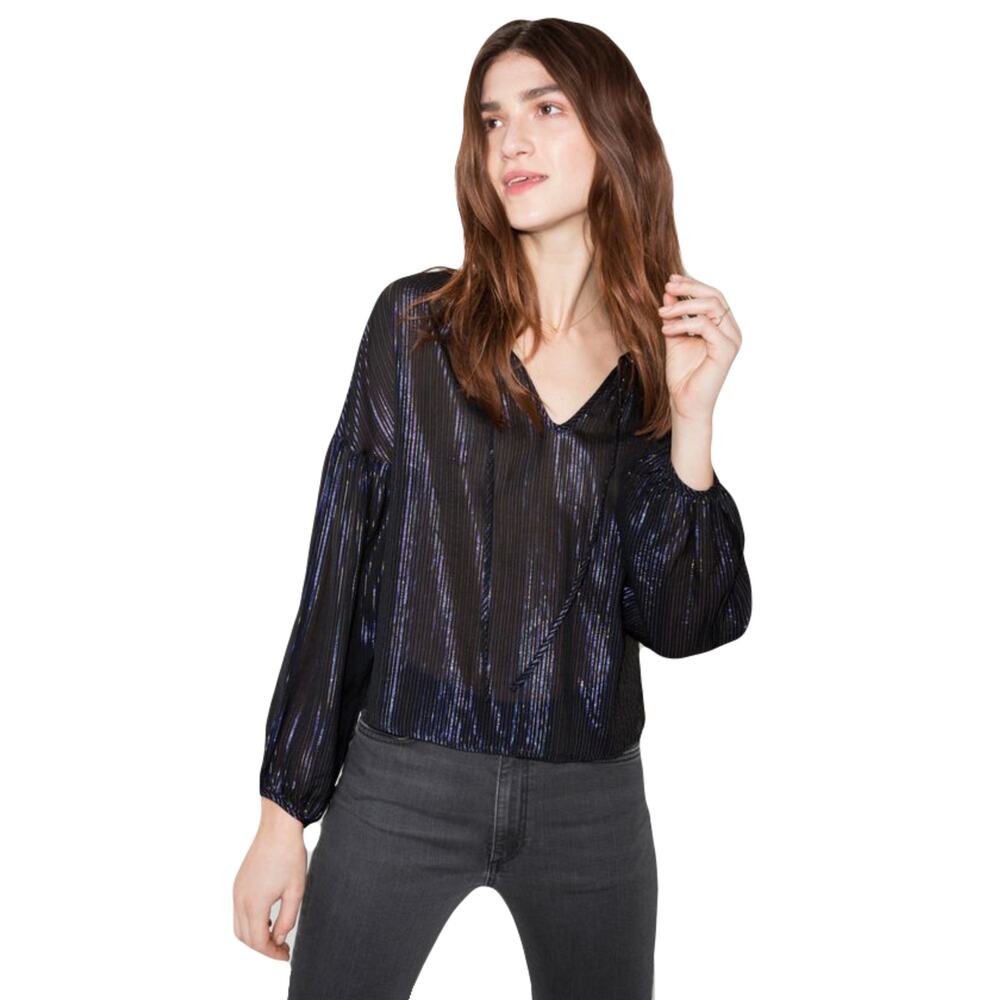NWOT OTHER STORIES Blouse 8 Navy Silver-Glitter Stripes BowTie Long-Balloon-Slv